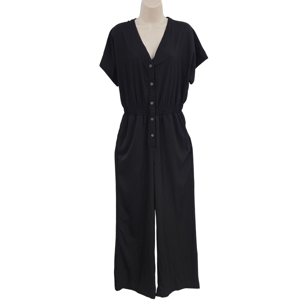 Marine Layer Lia Utility Wide Leg Jumpsuit Women M Black Button Pockets‎ Aviator